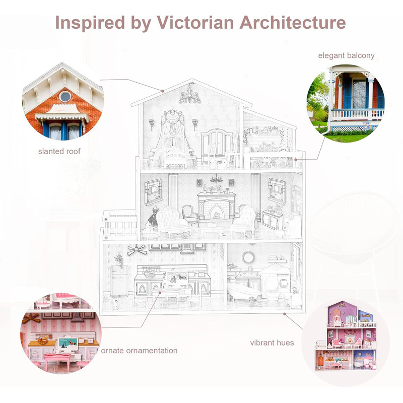 Robotime Robud Victoria Wooden Dollhouse, Furniture House Toy, Preschool Dollhouse for Creative Imaginative Play