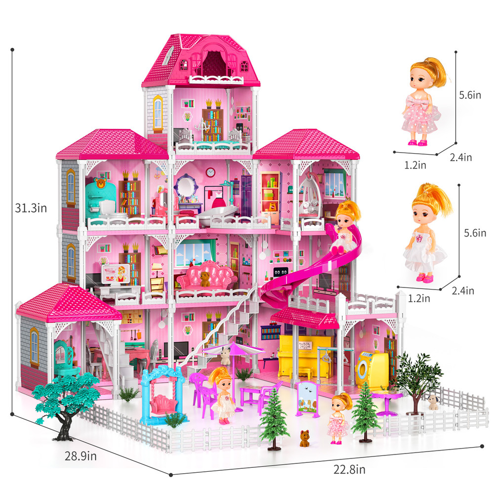 Girls Doll House With 2 Dolls, Pretend Play Villa Kids Toys For 3-8 Ages, Accessories Slide Birthday Gifts