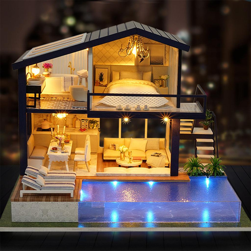 Miniature Doll House with Furniture Kits, DIY Wooden Dollhouse, Realistic LED Lights, Creative Gift for Home Decor