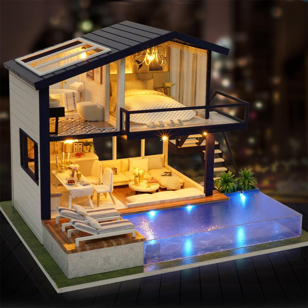 Miniature Doll House with Furniture Kits, DIY Wooden Dollhouse, Realistic LED Lights, Creative Gift for Home Decor