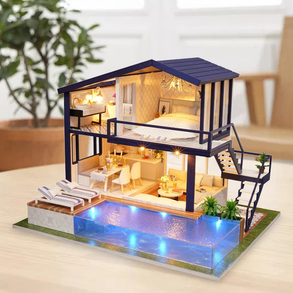 Miniature Doll House with Furniture Kits, DIY Wooden Dollhouse, Realistic LED Lights, Creative Gift for Home Decor