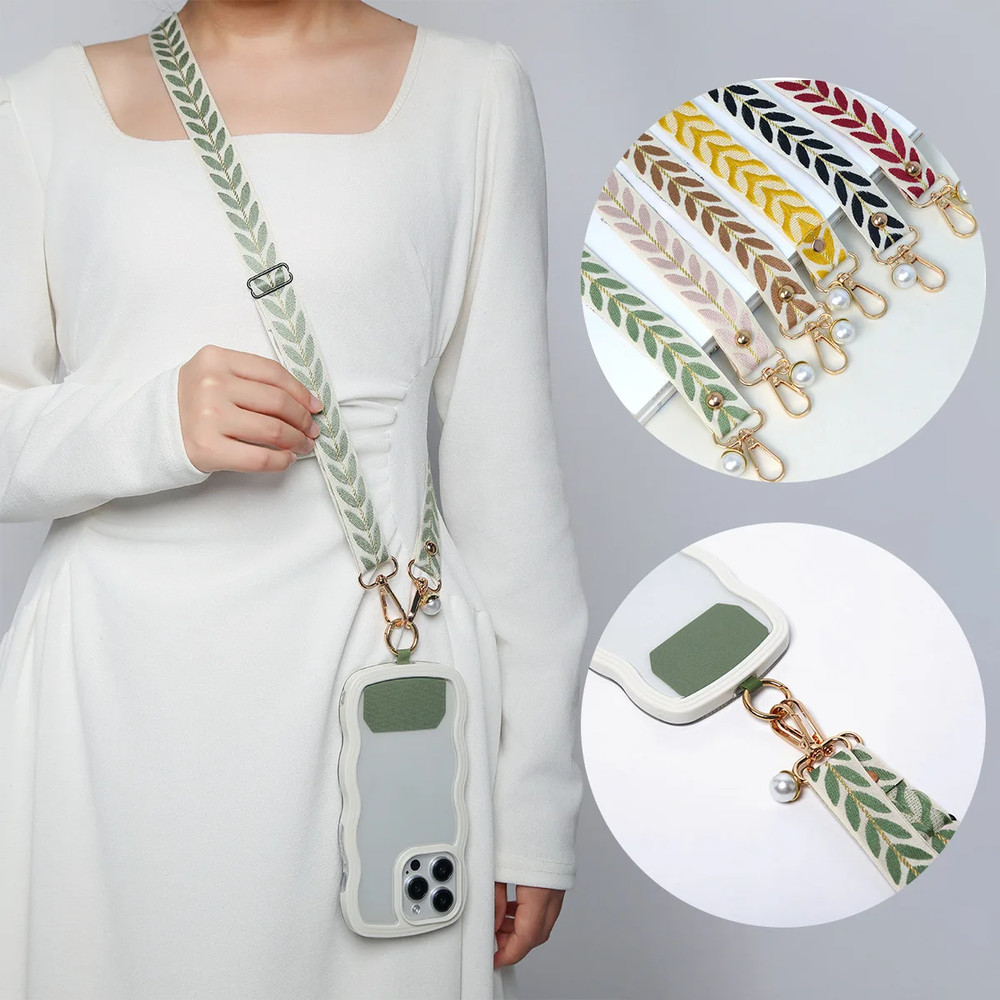 Mobile Phone Lanyard Crossbody Card Neck Cord Clip, Adjustable Long Rope with Pearl Hanging Charm, Anti-lost Strap