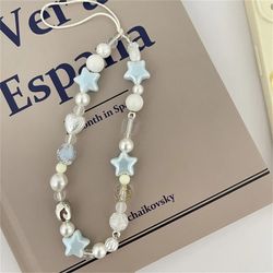 korean star pearl beaded phone chain, summer handmade phone strap, hanging cord mobile lanyard jewelry gift