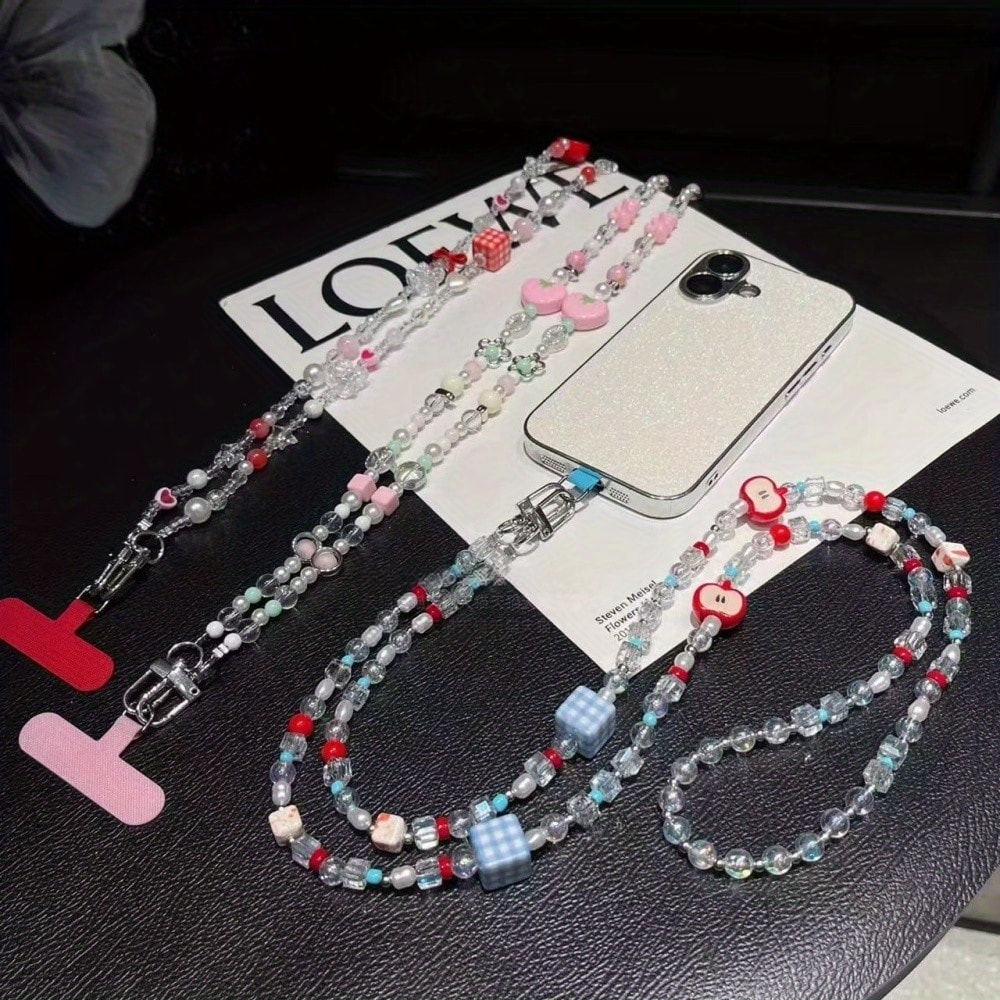Cute Mobile Phone Chain Crossbody, Handmade Beaded Strap Chain, Plaid Square Strawberry Love Lanyard for Fashion Trend