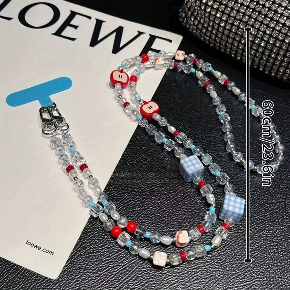 Cute Mobile Phone Chain Crossbody, Handmade Beaded Strap Chain, Plaid Square Strawberry Love Lanyard for Fashion Trend