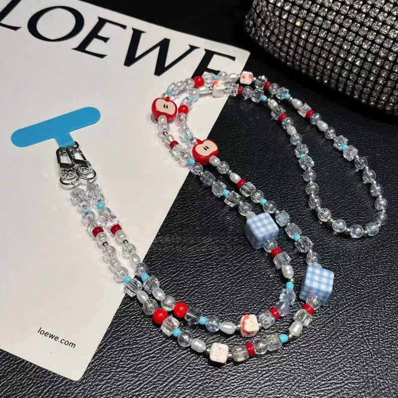 Cute Mobile Phone Chain Crossbody, Handmade Beaded Strap Chain, Plaid Square Strawberry Love Lanyard for Fashion Trend