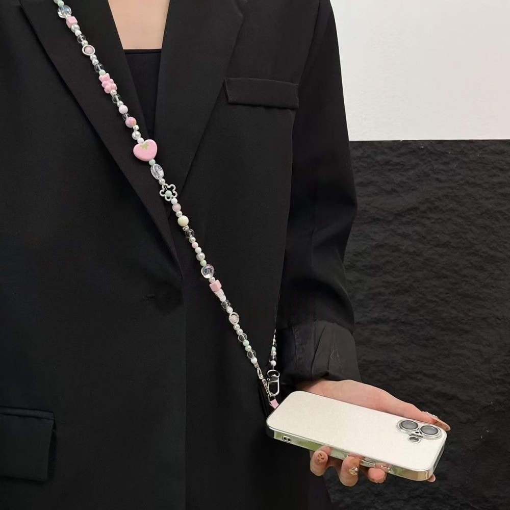 Cute Mobile Phone Chain Crossbody, Handmade Beaded Strap Chain, Plaid Square Strawberry Love Lanyard for Fashion Trend