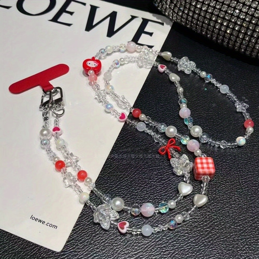 Cute Mobile Phone Chain Crossbody, Handmade Beaded Strap Chain, Plaid Square Strawberry Love Lanyard for Fashion Trend