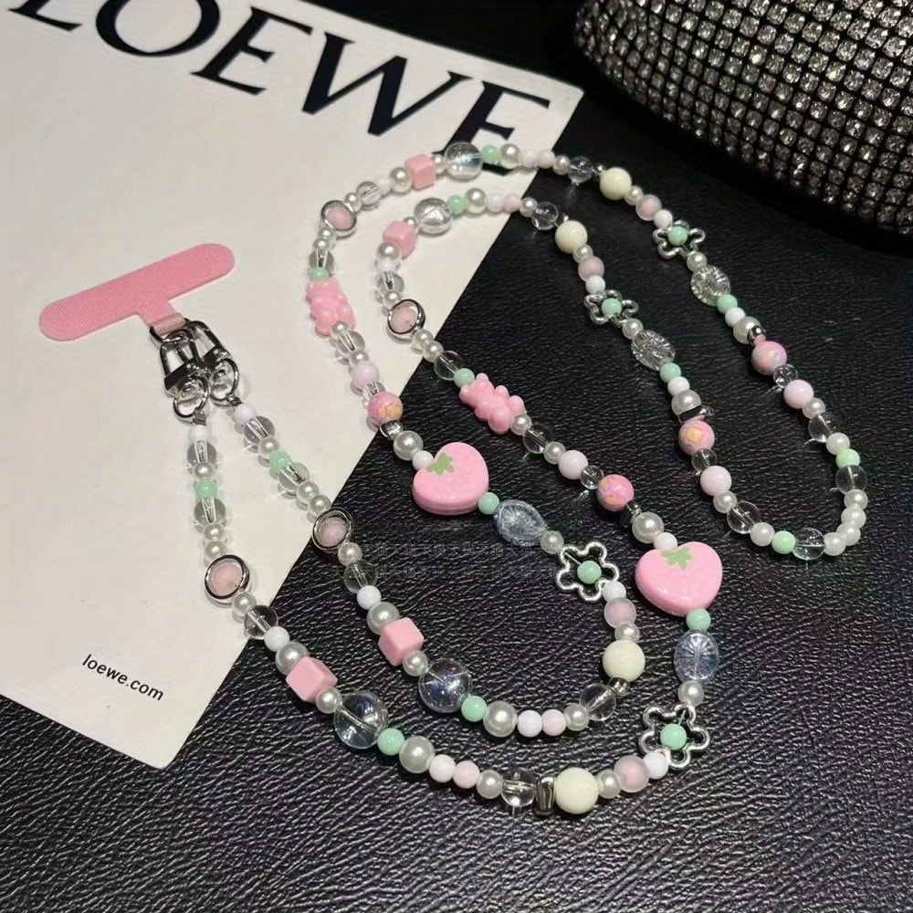 Cute Mobile Phone Chain Crossbody, Handmade Beaded Strap Chain, Plaid Square Strawberry Love Lanyard for Fashion Trend