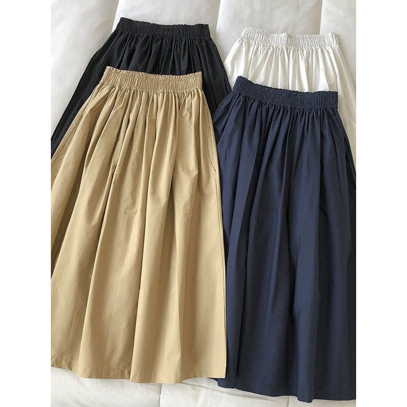 Women's High Waist White Long Skirt, A-Line Knee-Length Pleated Skirt with Pockets, Casual Elegant Fashion for Autumn