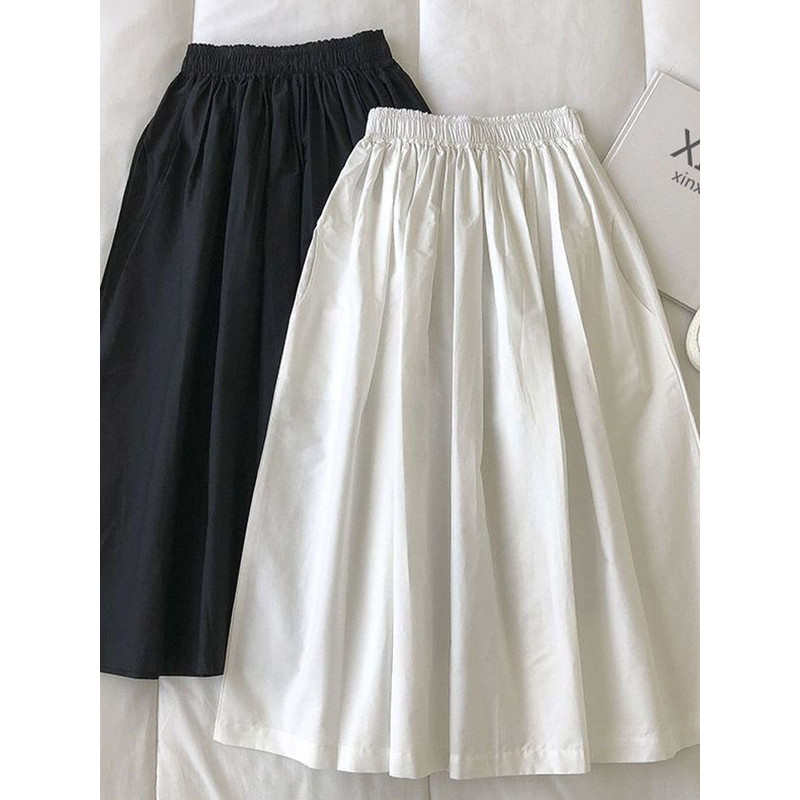 Women's High Waist White Long Skirt, A-Line Knee-Length Pleated Skirt with Pockets, Casual Elegant Fashion for Autumn