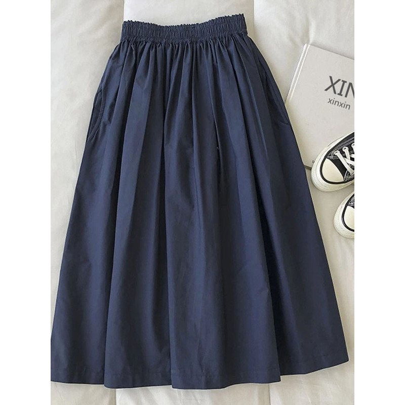 Women's High Waist White Long Skirt, A-Line Knee-Length Pleated Skirt with Pockets, Casual Elegant Fashion for Autumn