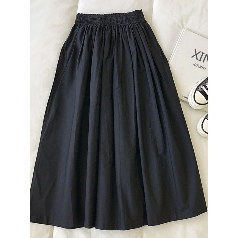 Women's High Waist White Long Skirt, A-Line Knee-Length Pleated Skirt with Pockets, Casual Elegant Fashion for Autumn