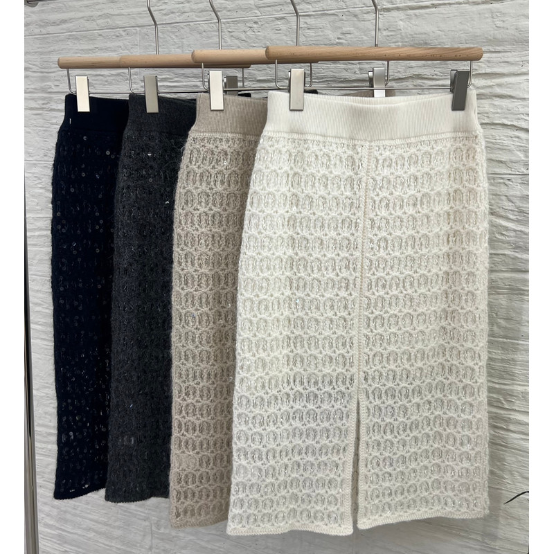 New Women's Cashmere Overskirt for Autumn and Winter, Elastic Waist with BC Sequins, High-End Knitted Maxi Skirt