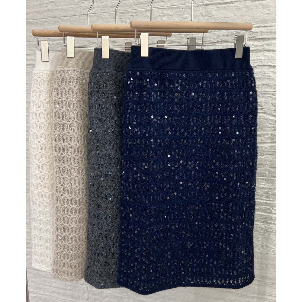 New Women's Cashmere Overskirt for Autumn and Winter, Elastic Waist with BC Sequins, High-End Knitted Maxi Skirt