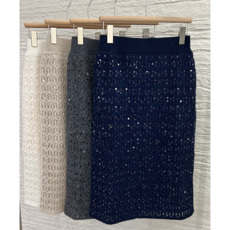 New Women's Cashmere Overskirt for Autumn and Winter, Elastic Waist with BC Sequins, High-End Knitted Maxi Skirt