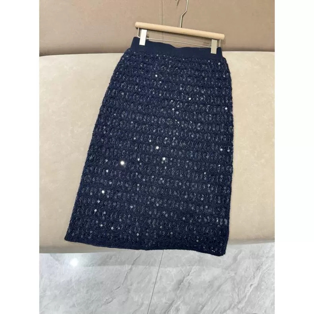 New Women's Cashmere Overskirt for Autumn and Winter, Elastic Waist with BC Sequins, High-End Knitted Maxi Skirt