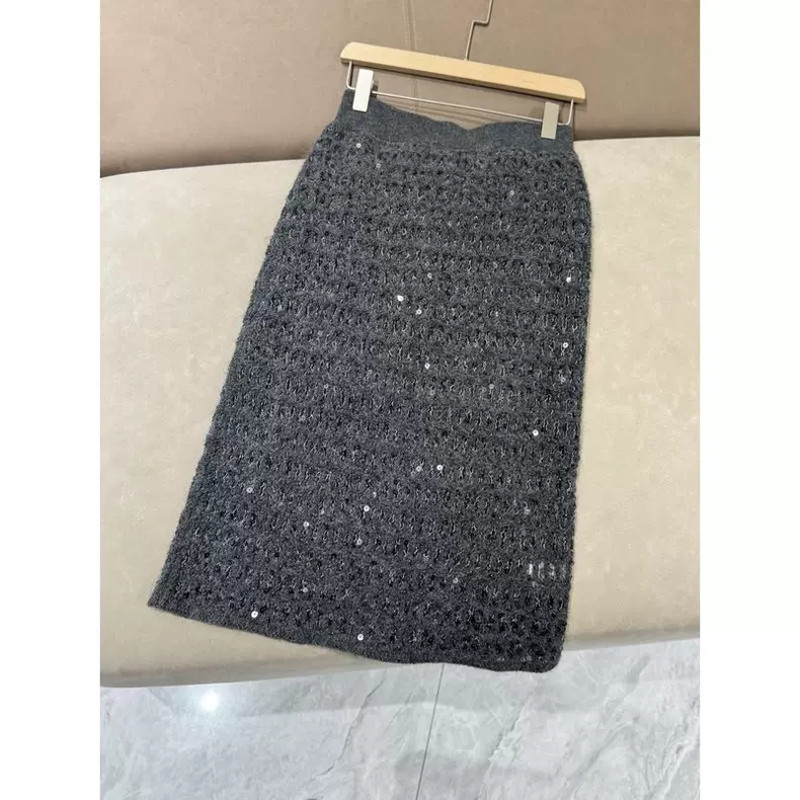 New Women's Cashmere Overskirt for Autumn and Winter, Elastic Waist with BC Sequins, High-End Knitted Maxi Skirt
