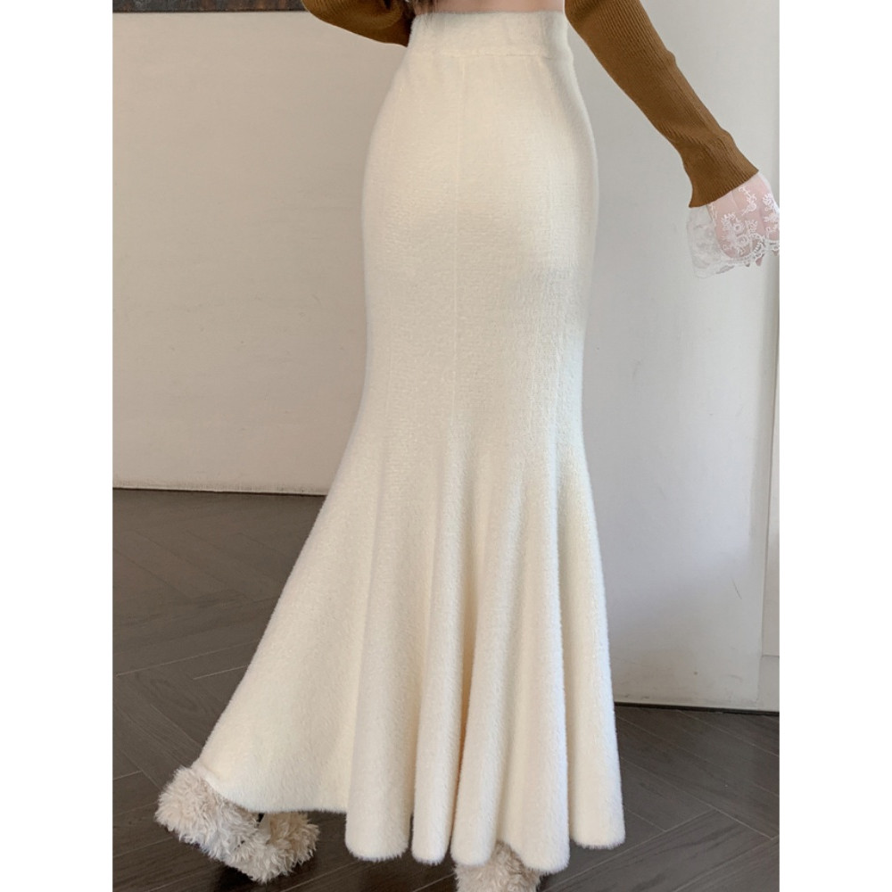 SMTHMA New Autumn Winter Thick Knitted Skirt for Women, High Waist Fishtail Mohair Long Skirt, Casual Warm Mid-Length