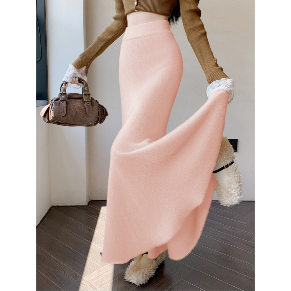 SMTHMA New Autumn Winter Thick Knitted Skirt for Women, High Waist Fishtail Mohair Long Skirt, Casual Warm Mid-Length