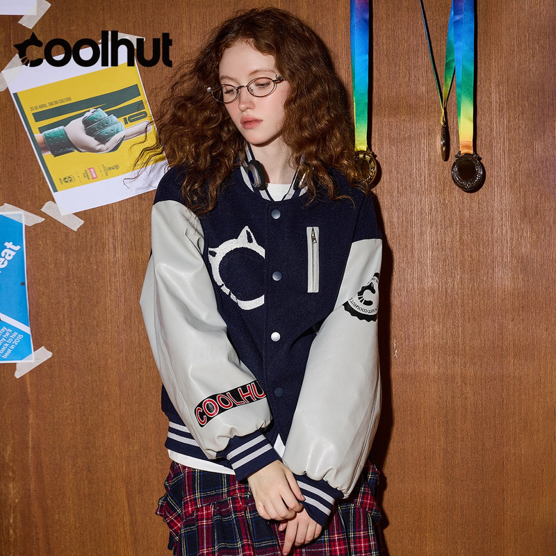 COOLHUT 2025 Womens Quilted Padded Jacket American College Style Varsity Baseball Jacket Color Bloc 2