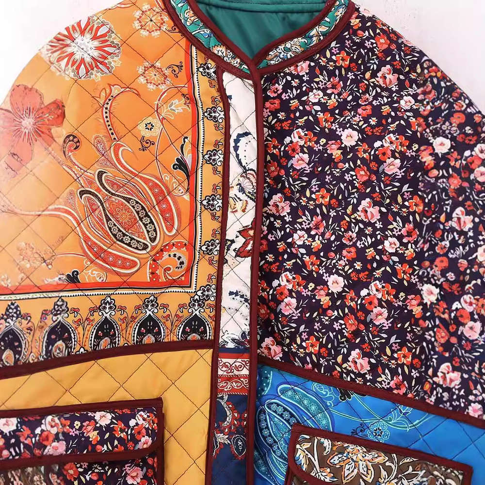 Women's Floral Print Color Block Jacket, Loose Fit Cotton Blend Coat, European and American Style Spring Outerwear