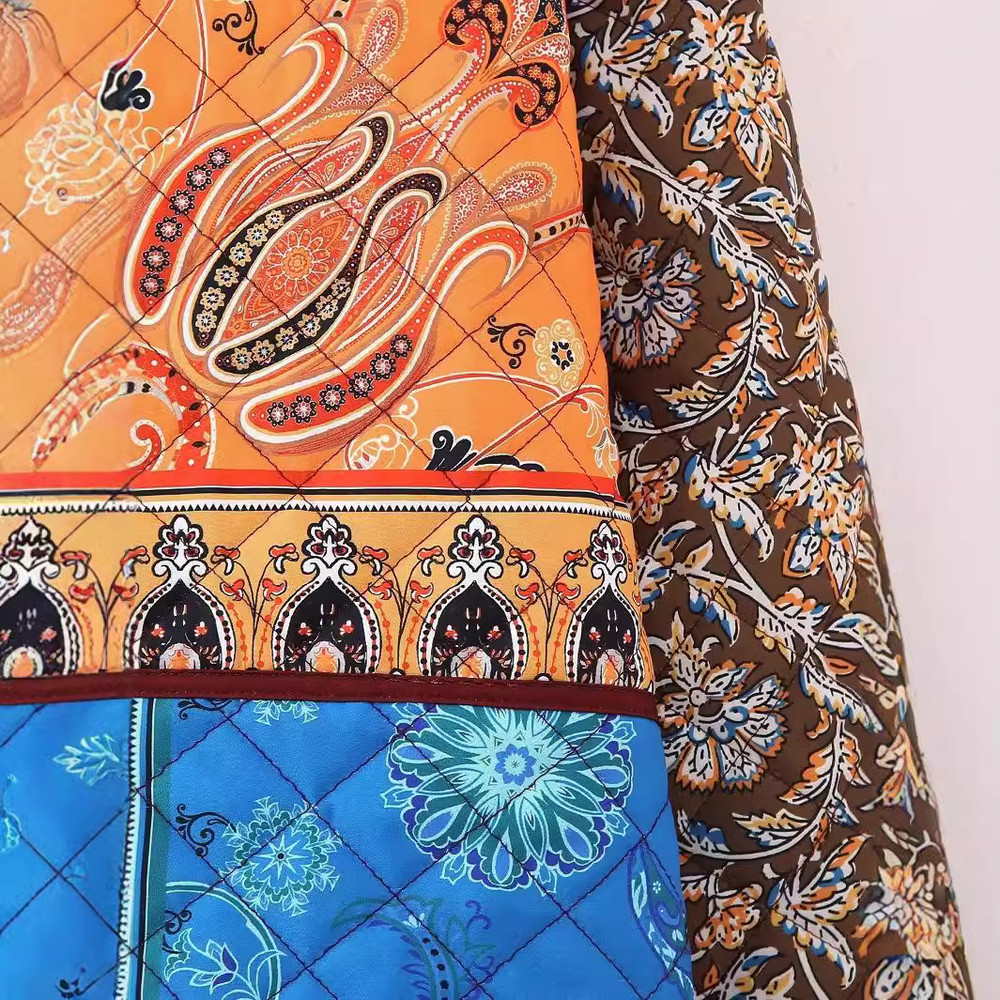 Women's Floral Print Color Block Jacket, Loose Fit Cotton Blend Coat, European and American Style Spring Outerwear