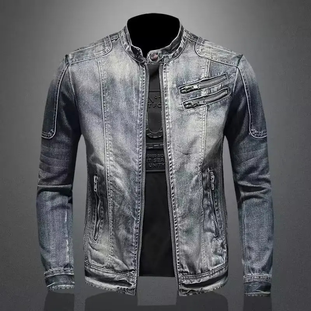 Men's Vintage Motorcycle Denim Jacket, Trendy Stand Collar Zip Up Lapel, Casual Retro Sports Top, Unique Brand Jacket