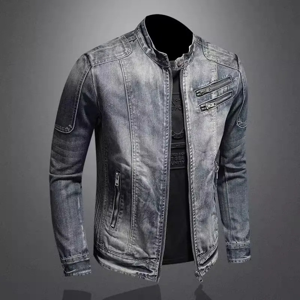Men's Vintage Motorcycle Denim Jacket, Trendy Stand Collar Zip Up Lapel, Casual Retro Sports Top, Unique Brand Jacket