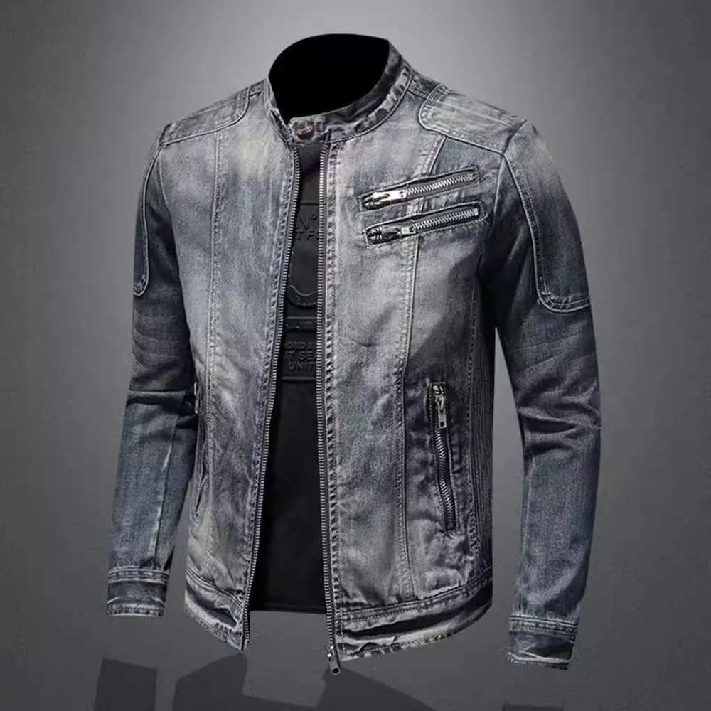 Men's Vintage Motorcycle Denim Jacket, Trendy Stand Collar Zip Up Lapel, Casual Retro Sports Top, Unique Brand Jacket