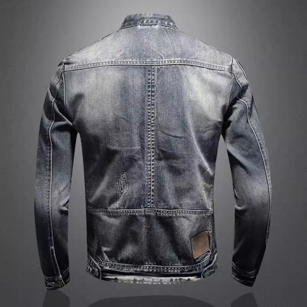 Men's Vintage Motorcycle Denim Jacket, Trendy Stand Collar Zip Up Lapel, Casual Retro Sports Top, Unique Brand Jacket