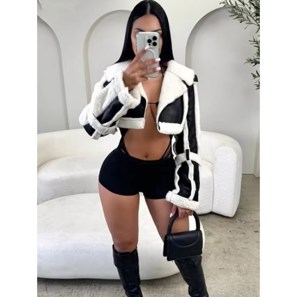 Unique Women's Cropped Jacket, Weird Puss Furry Patchwork, Open Stitch Streetwear, Warm Wild Coat, Hipster Outwear