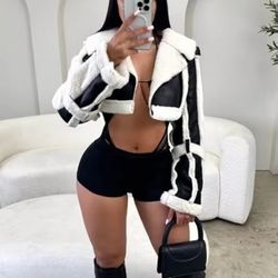 unique women's cropped jacket, weird puss furry patchwork, open stitch streetwear, warm wild coat, hipster outwear