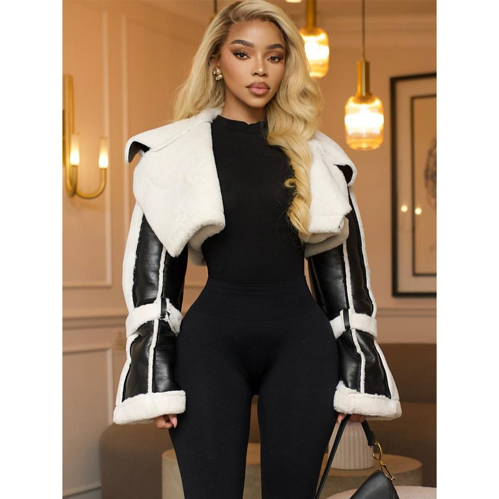 Unique Women's Cropped Jacket, Weird Puss Furry Patchwork, Open Stitch Streetwear, Warm Wild Coat, Hipster Outwear