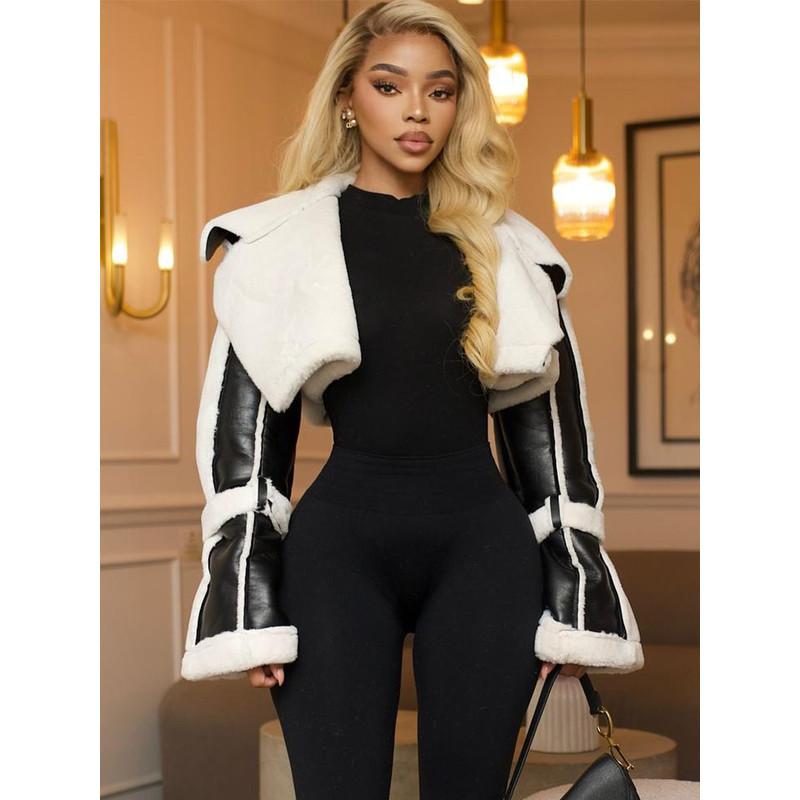 Unique Women's Cropped Jacket, Weird Puss Furry Patchwork, Open Stitch Streetwear, Warm Wild Coat, Hipster Outwear