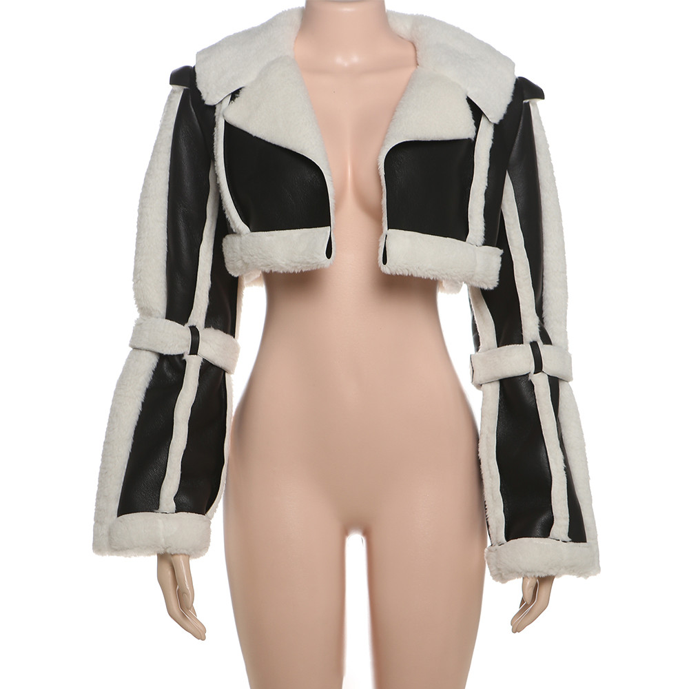 Unique Women's Cropped Jacket, Weird Puss Furry Patchwork, Open Stitch Streetwear, Warm Wild Coat, Hipster Outwear