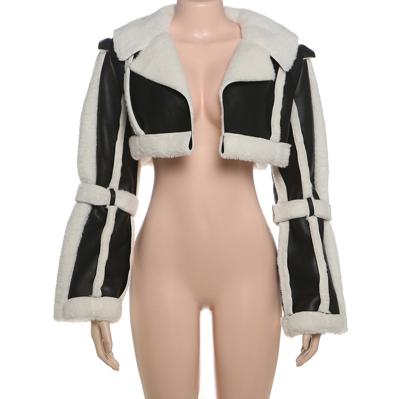 Unique Women's Cropped Jacket, Weird Puss Furry Patchwork, Open Stitch Streetwear, Warm Wild Coat, Hipster Outwear