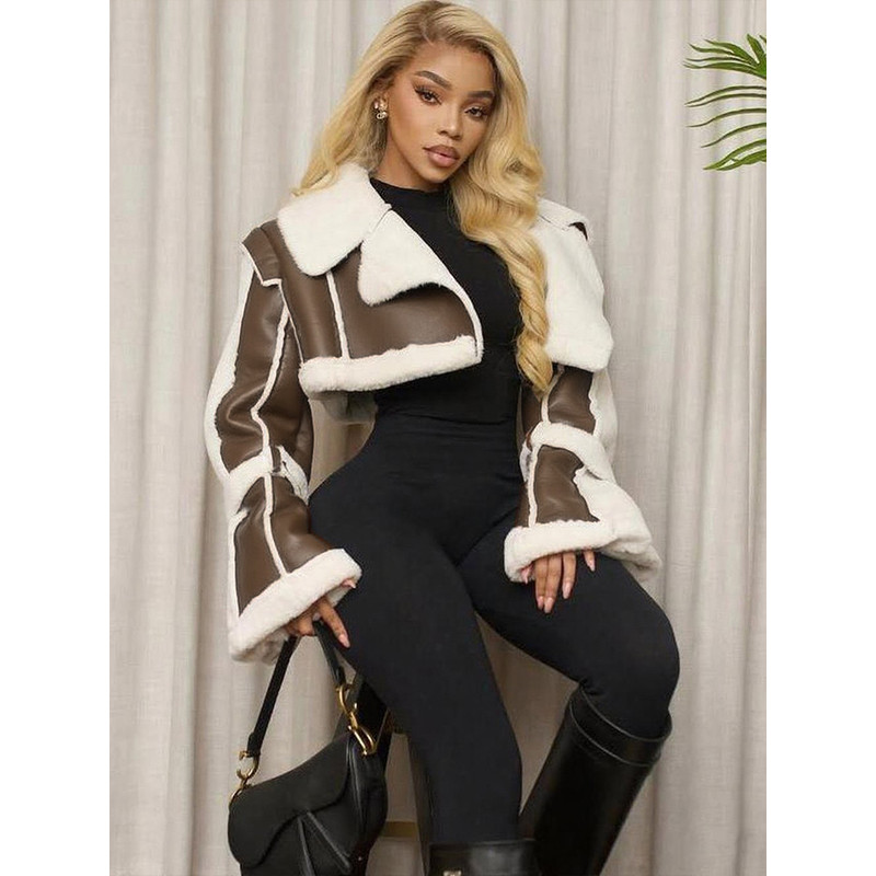 Unique Women's Cropped Jacket, Weird Puss Furry Patchwork, Open Stitch Streetwear, Warm Wild Coat, Hipster Outwear