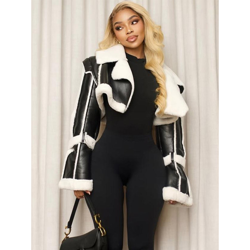 Unique Women's Cropped Jacket, Weird Puss Furry Patchwork, Open Stitch Streetwear, Warm Wild Coat, Hipster Outwear