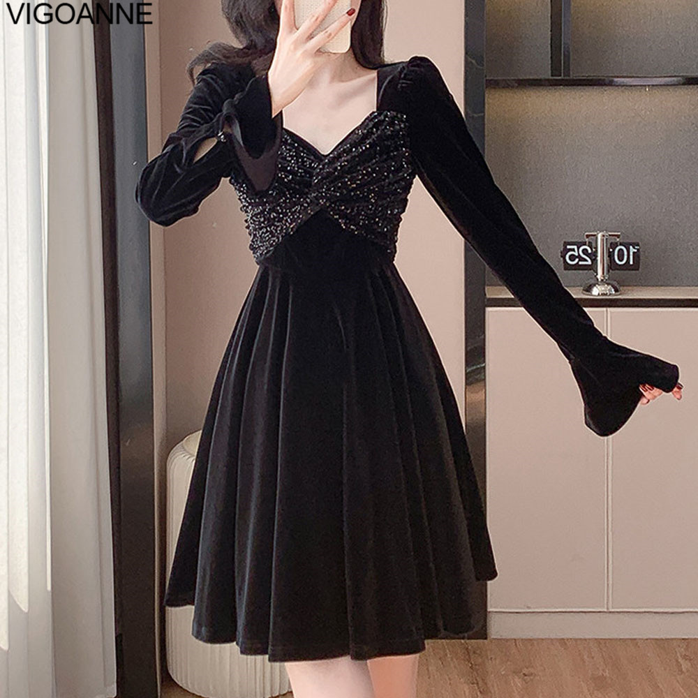 Elegant Korean Dress, Women Long Sleeve, Patchwork Velvet Dress, Crystal Evening Party, Tight Short Dress, Spring Autumn