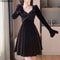 Elegant Korean Dress, Women Long Sleeve, Patchwork Velvet Dress, Crystal Evening Party, Tight Short Dress, Spring Autumn