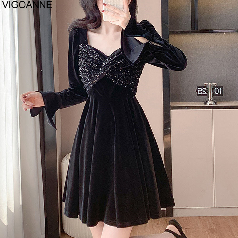 Elegant Korean Dress, Women Long Sleeve, Patchwork Velvet Dress, Crystal Evening Party, Tight Short Dress, Spring Autumn