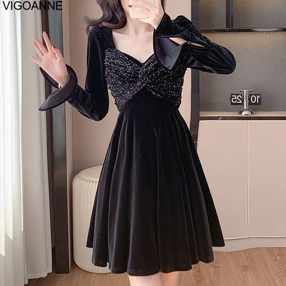 Elegant Korean Dress, Women Long Sleeve, Patchwork Velvet Dress, Crystal Evening Party, Tight Short Dress, Spring Autumn