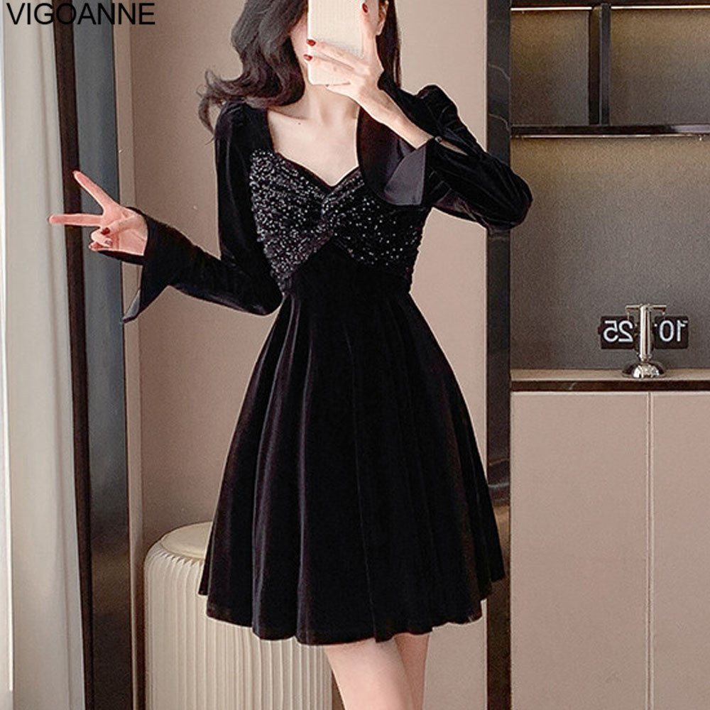 Elegant Korean Dress, Women Long Sleeve, Patchwork Velvet Dress, Crystal Evening Party, Tight Short Dress, Spring Autumn