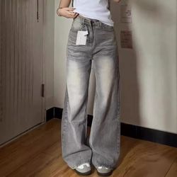 vintage wide leg jeans for women, grey american style, loose fit straight leg casual pants, draped