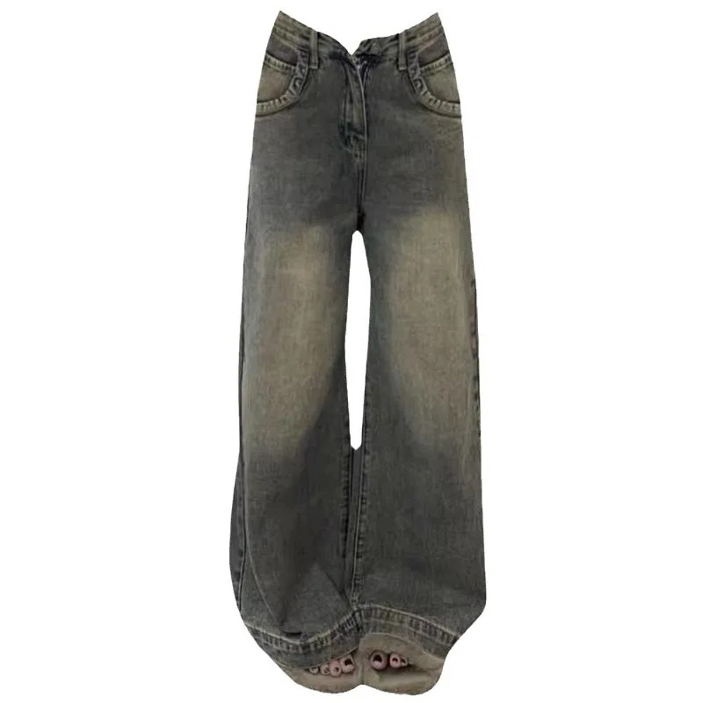 Vintage Distressed Wide Leg Jeans, Womens Loose Fit Slimming Trousers, Draped Versatile Trailing Style, Spring Summer