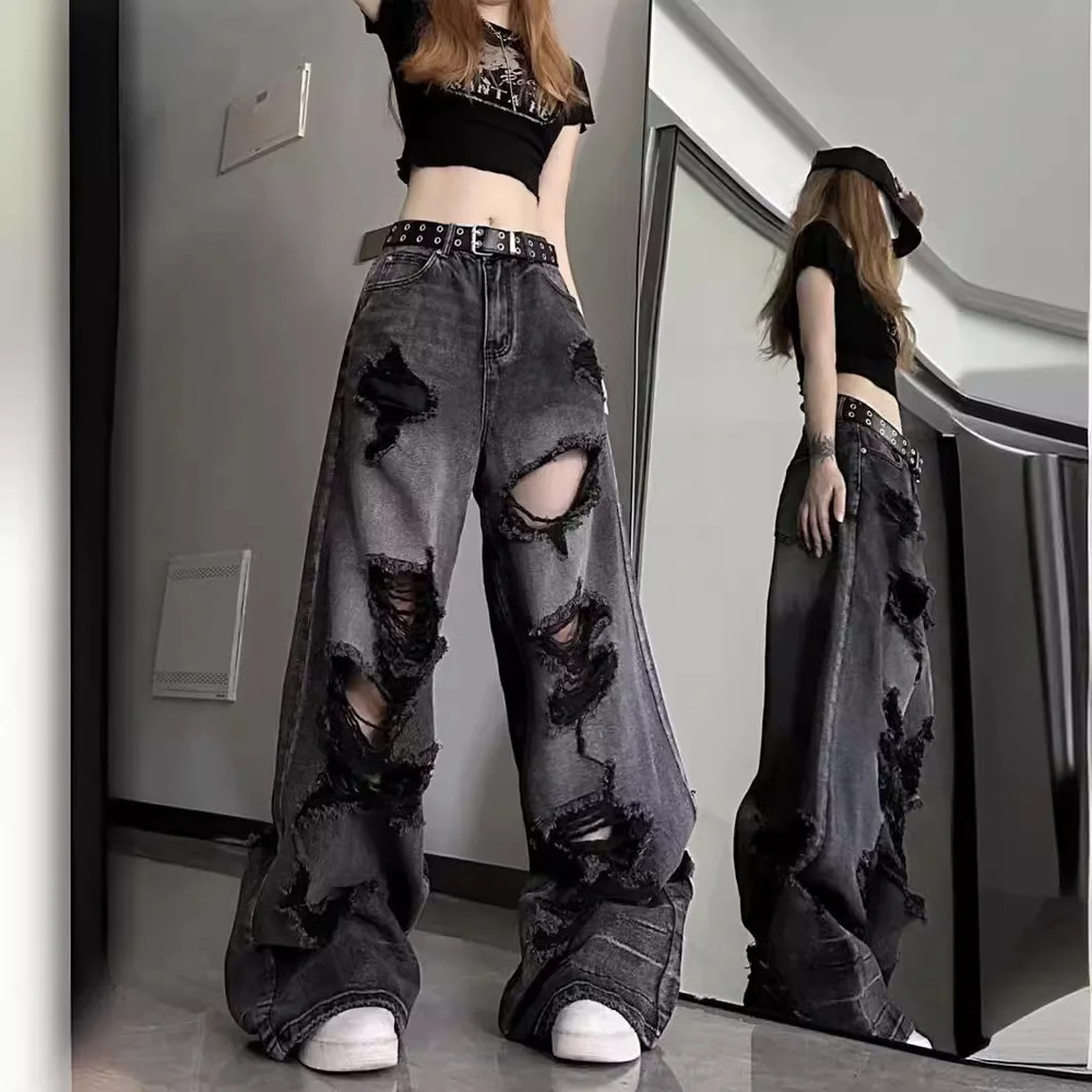 Unique Cool Ripped Jeans, Womens Summer Distressed American Style, Loose Fit Bell Bottoms, Versatile Straight Leg Long