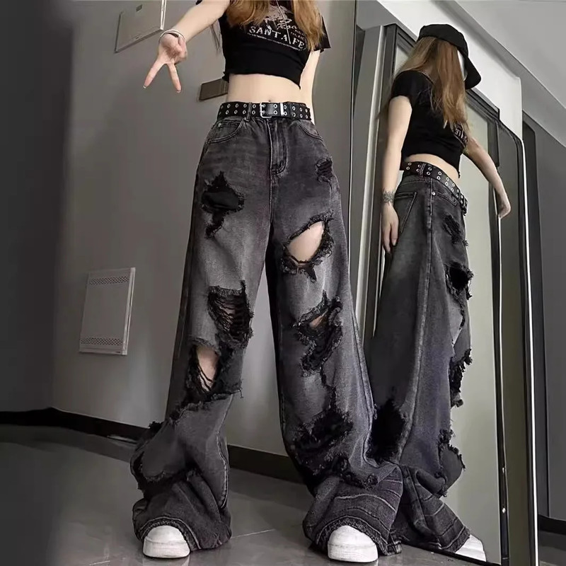 Unique Cool Ripped Jeans, Womens Summer Distressed American Style, Loose Fit Bell Bottoms, Versatile Straight Leg Long