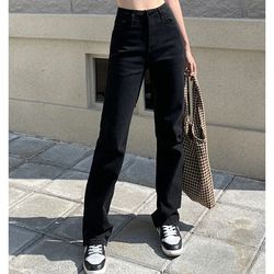 high waist jeans, women black baggy trousers, y2k streetwear, harajuku fashion, straight leg denim pants