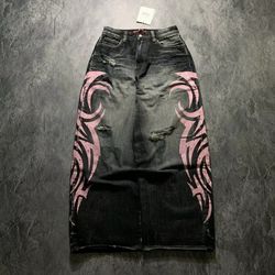 street retro jeans for women, mottled totem print, loose fit hip hop pants, american straight wide leg couple jeans